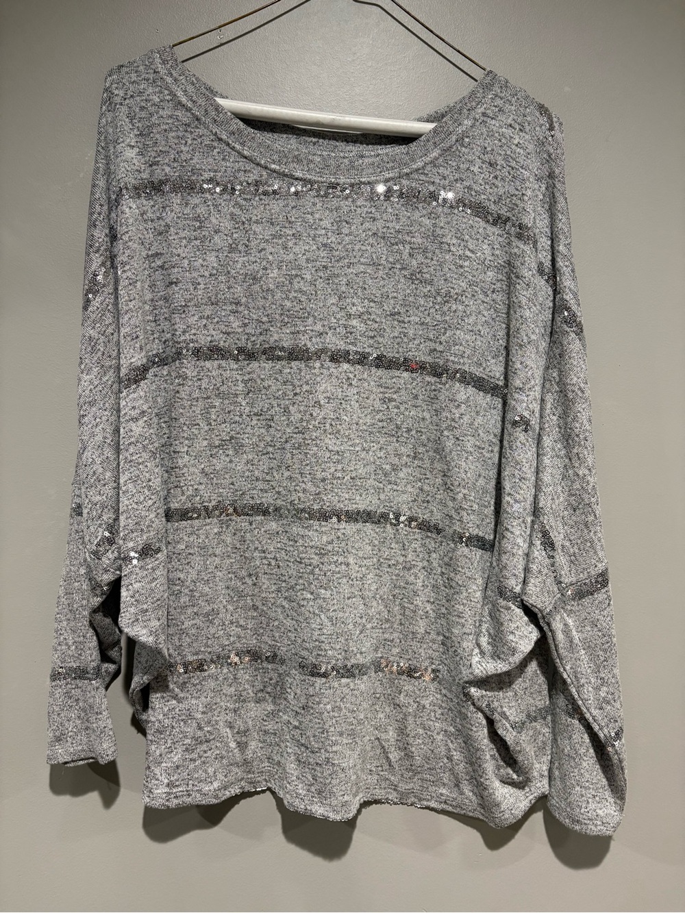 Maurices 24/7 Dakota Sequin Striped Top L Heather Grey Dolman Sweater
